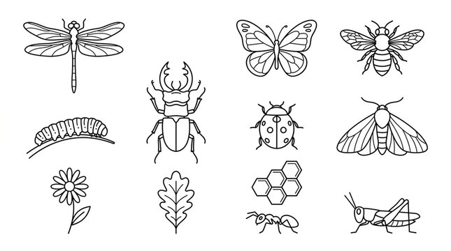 Set of various insect and nature icons in a simple line art style.