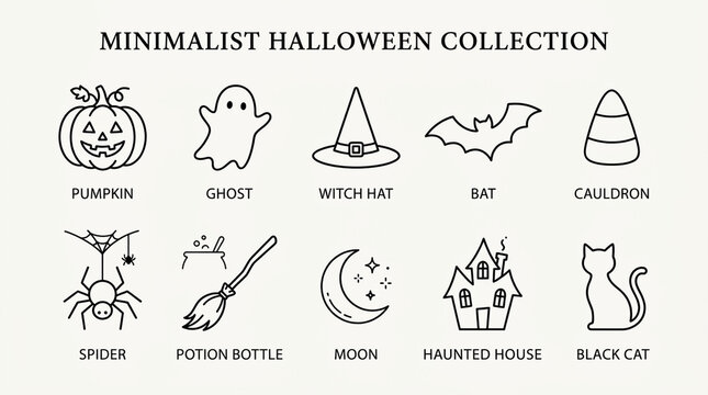 Minimalist Halloween icon set featuring spooky holiday elements in a simple line art style.