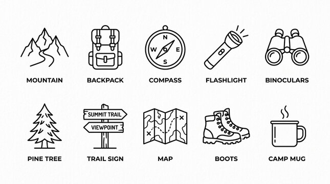 Set of ten linear icons representing hiking and outdoor camping adventure equipment.