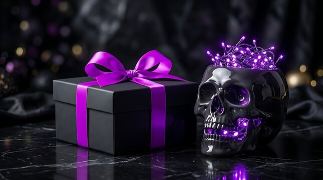 Black skull container filled with purple lights next to a black gift box with purple ribbon, dark spooky setting.