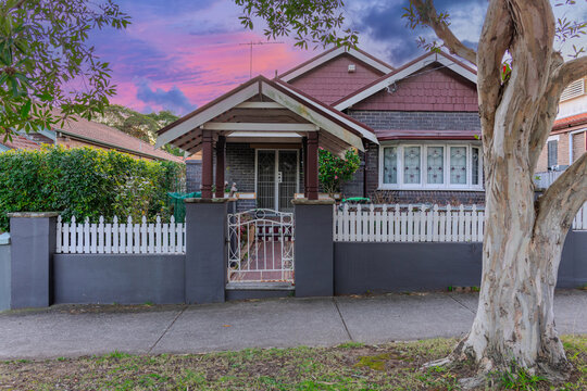Suburban residential Brick house Terracotta Roof at Sunset in Sydney NSW Australia