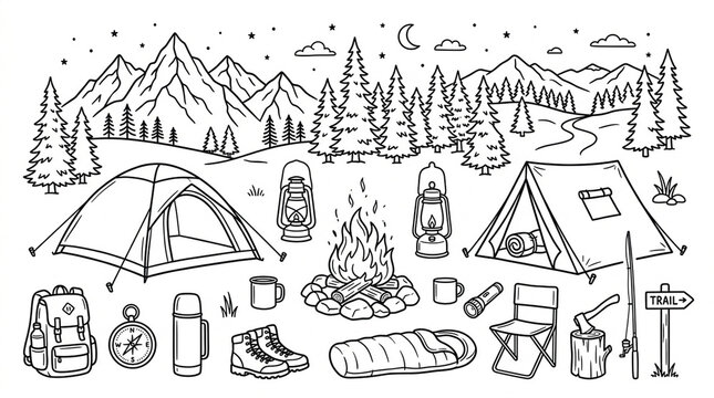 Hand drawn doodle set of camping equipment and outdoor nature landscape elements.