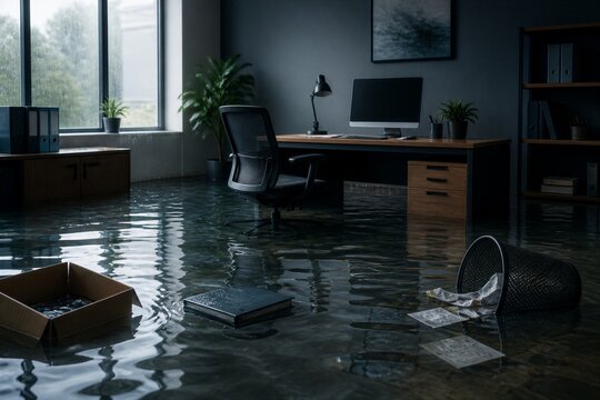 Office interior flooded with furniture and scattered papers