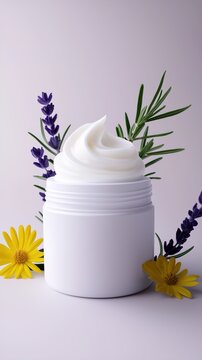 White skincare cream jar. Cosmetic lotion with lavender and herbs.
