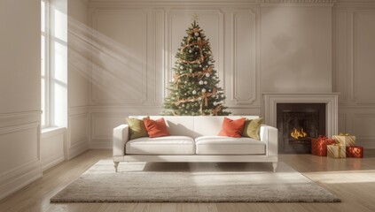 Fototapeta premium Cozy Living Room with Christmas Tree and Gifts by the Fireplace in Soft Natural Light