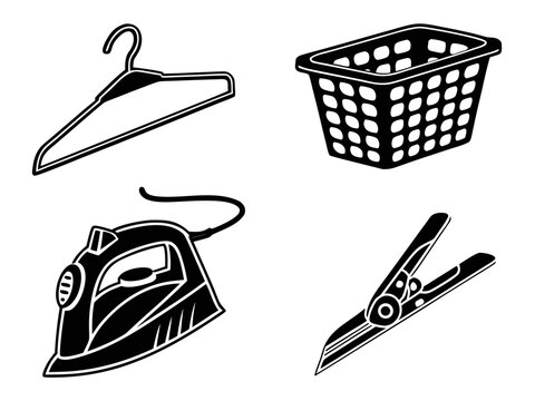 Four laundry objects clothes hanger, laundry basket, iron, and clothespin. Black vector silhouettes isolated on a pure white background, evenly spaced and carefully aligned, simple geometric forms