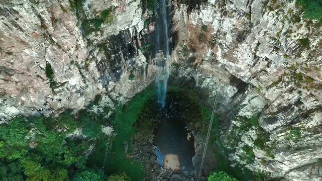 Aerial View of Via Ferrata Climbers Beside Xuedou Mountain Waterfall