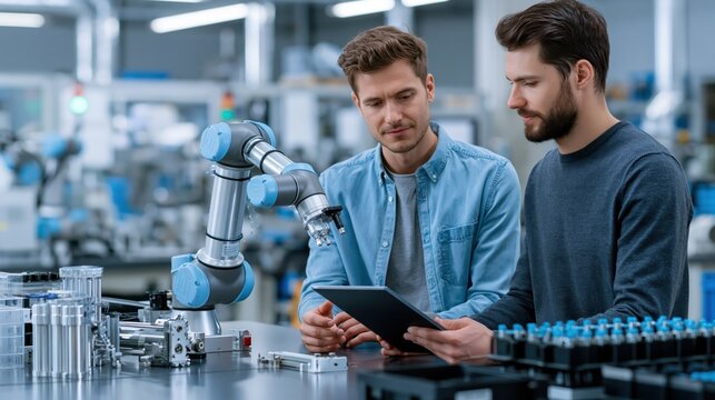 Engineers work together in a factory observing a robotic arm and reviewing data on a tablet during daytime hours