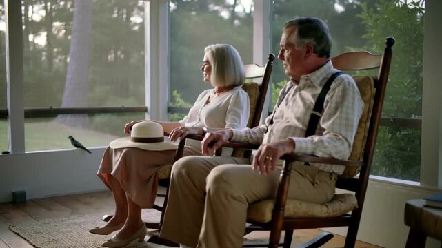 Sitting senior couple on screen porch woman with straw hat man in suspenders watching bird perching