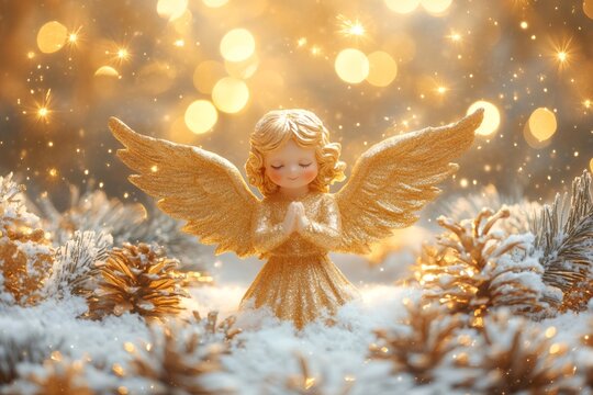 Golden angel figurine praying in winter snow