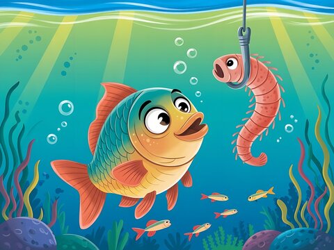 Fishing, fish and worm meeting, cartoon style, drawing, bright funny underwater scene