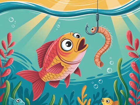 Fishing, fish and worm meeting, cartoon style, drawing, bright funny underwater scene