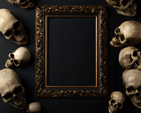 A Halloween-themed invitation card mockup for a holiday party, featuring a dark, vertical frame with skulls, ornaments, and spooky illustrations