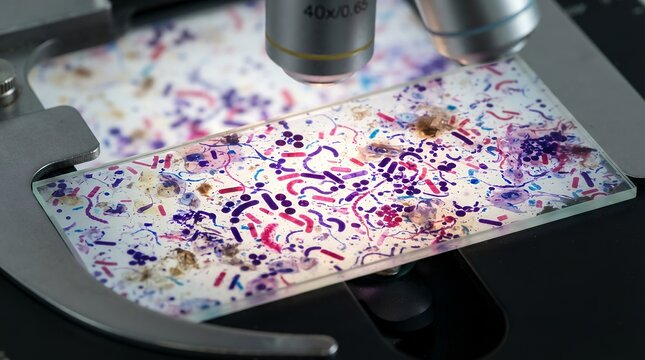 Microscope view of gut bacteria on a glass slide. Scientific analysis of human microbiome.