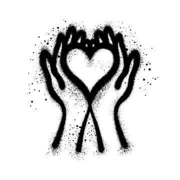Hands holding a heart symbol in graffiti style.