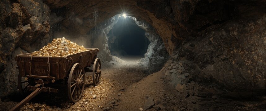 Abandoned Mine Cart Filled with Gold in a Dimly Lit Tunnel