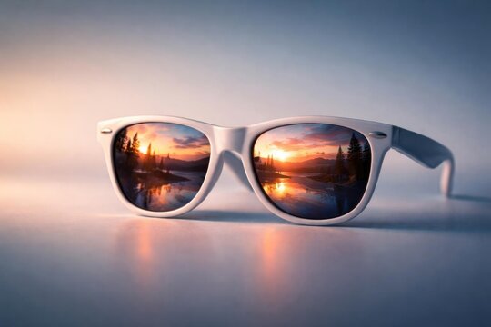 Sunglasses Reflecting a Serene Sunset Over a Lake with Pine Trees