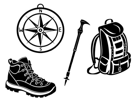 Four outdoor adventure objects hiking boot, compass, trekking pole, and mountain backpack. Black monochrome vector silhouettes on pure white, arranged in a clean grid, equal spacing, strong 