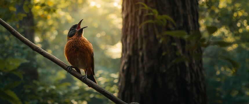 Bird Singing on a Branch in a Sunlit Forest during Golden Hour