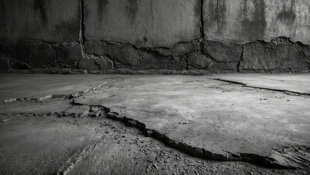 Cracked Concrete Floor with Textured Wall in Monochrome Setting