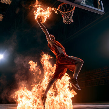 A Basketball Player executing a powerful slam dunk, holding a flaming ball. The athlete jumps for the slam dunk on a professional court during a game, aiming to send the ball soaring into the basket. 