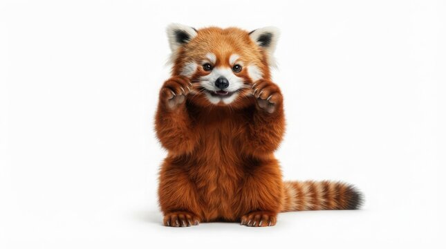 Adorable red panda making a playful funny face while sitting isolated against a clean white studio background