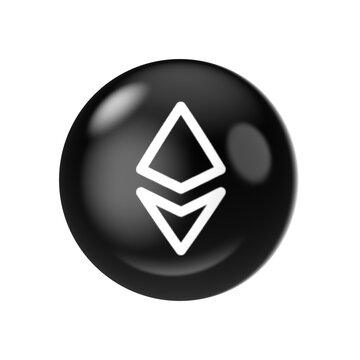Glossy black 3D Ethereum ETH cryptocurrency symbol badge icon for blockchain technology and web3 digital finance concept