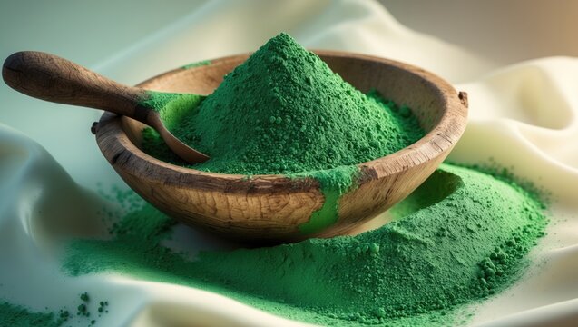 Wooden scoop and bowl containing spirulina powder set against a white background