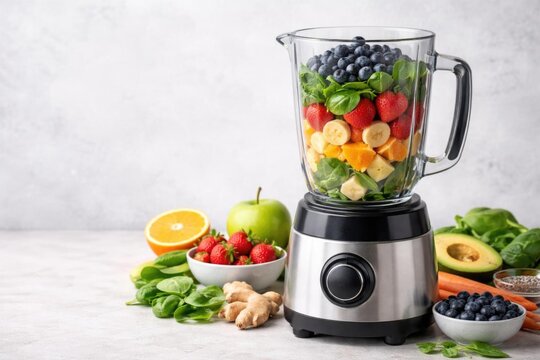 Fresh Fruits and Spinach in a Blender with Healthy Ingredients on Countertop