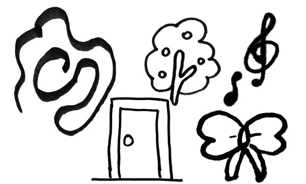 Hand-drawn music notes and creative doodles on paper. Whimsical sketch icons for education, art, and design projects.