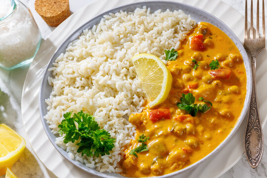 Chickpea curry with white rice on a plate