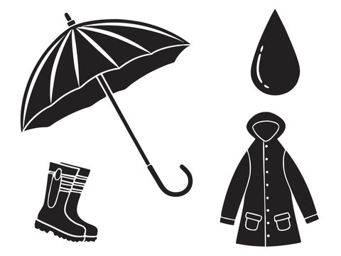 Four rainy-season objects umbrella, rain boot, water droplet, and raincoat. Bold black vector silhouettes on a pure white background, evenly aligned with generous negative space, consistent proportion
