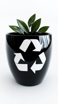 Recycle symbol on plant pot. Sustainable gardening concept with green leaves.