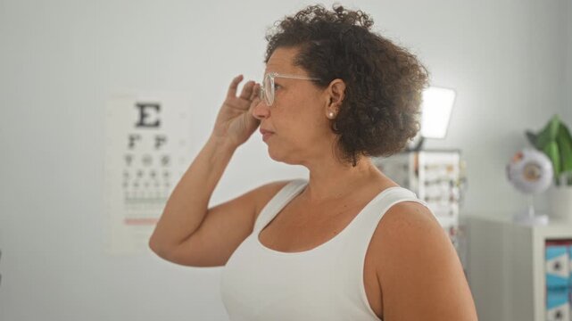 Woman puts on eyeglasses in front of an eye chart inside a medical building, holding frames to her face while checking vision with a focused expression; clarity calm.