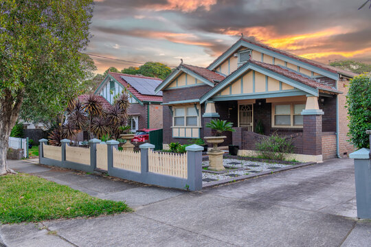 Suburban residential Brick house Terracotta Roof at Sunset in Sydney NSW Australia