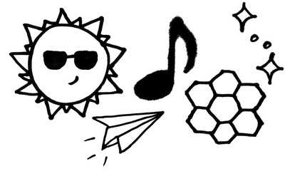 Summer vacation concept with sunglasses and music. Hand-drawn travel doodles featuring sun, notes, and beach vibes for digital designs. © KAMAL