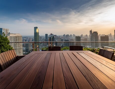 dark walnut wood tabletop on luxury hotel rooftop terrace overlooking urban metropolis luxury city b