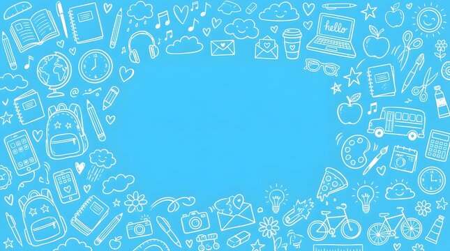 A bright blue background featuring a pattern of hand drawn school supplies and education icons perfect for a creative back to school design