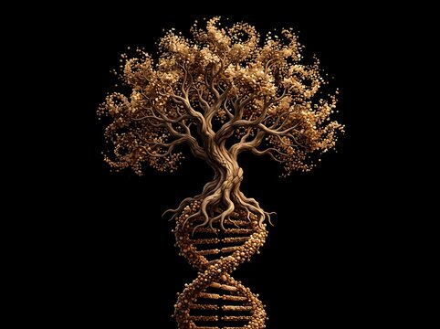 Golden tree with roots resembling a dna double helix on black background