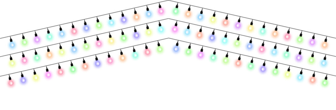 Colorful string lights with glowing bulbs arranged in rows against white background with glowing multicolored light displays multiple rows bulbs hanging black