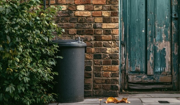 Alleyway with overflowing bin, weathered door, and a fox scavenging