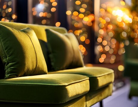 velvety olive booth seating illuminated by warm glowing amber bokeh lights