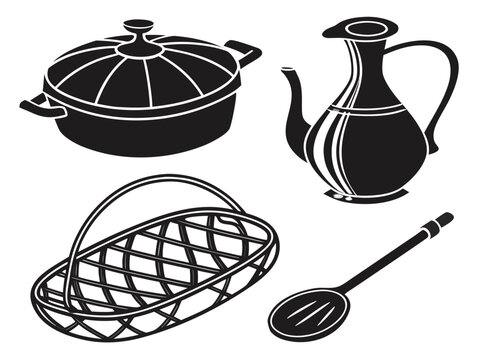 Four traditional cooking objects clay cooking pot, wooden spoon, woven tray, and traditional water jug. Solid black vector silhouettes on a pure white background, neatly arranged with balanced spacing