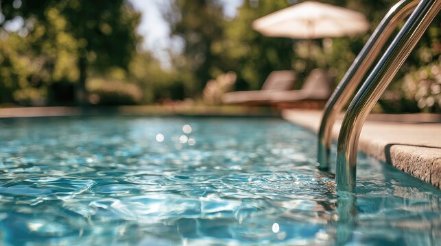 Sparkling pool water with ladder, lounge chairs, and umbrella in background