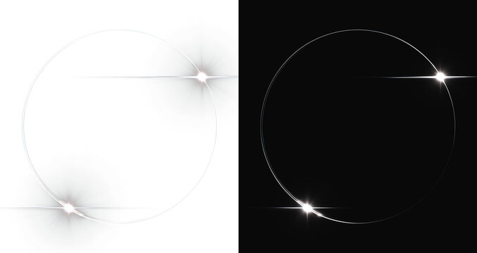 Glowing Silver Round Light Ring Frame with Lens Flares Isolated on white and Black Backgrounds