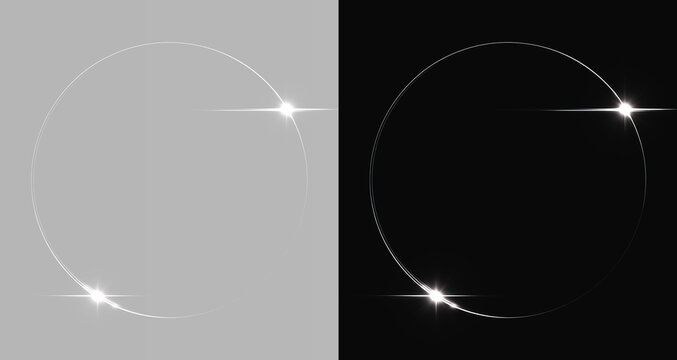 Glowing Silver Round Light Ring Frame with Lens Flares Isolated on Grey and Black Backgrounds