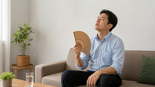 Exhausted man cooling off with a wooden folding fan on a sofa. Overheated male resting during a summer heatwave