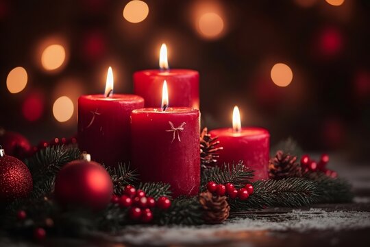 Advent wreath with burning red candles welcoming christmas