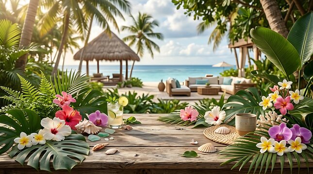 Wooden table with tropical flowers and cocktail overlooking beach resort