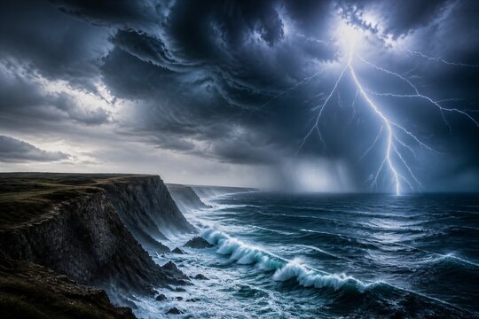 Coastal cliffs struck by lightning during violent ocean storm